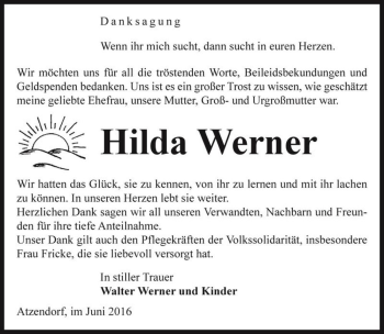 Traueranzeige von Hilda Werner  von Magdeburger Volksstimme