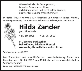 Traueranzeige von Hilda Zander (geb. Silberbach)  von Magdeburger Volksstimme