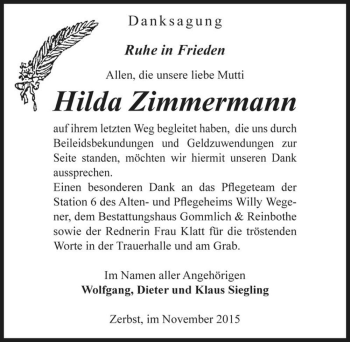 Traueranzeige von Hilda Zimmermann  von Magdeburger Volksstimme