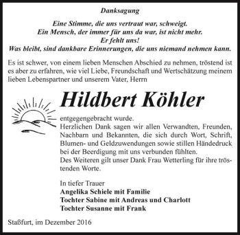 Traueranzeige von Hildbert Köhler  von Magdeburger Volksstimme
