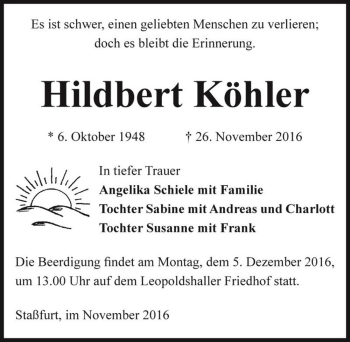 Traueranzeige von Hildbert Köhler  von Magdeburger Volksstimme