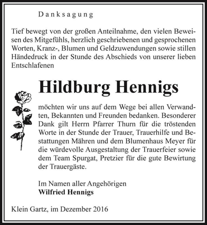  Traueranzeige für Hildburg Hennigs  vom 21.12.2016 aus Magdeburger Volksstimme