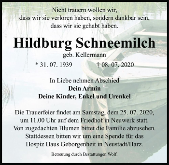 Traueranzeige von Hildburg Schneemilch (geb. Kellermann)  von Magdeburger Volksstimme