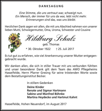 Traueranzeige von Hildburg Schulz (geb. Thomas)  von Magdeburger Volksstimme