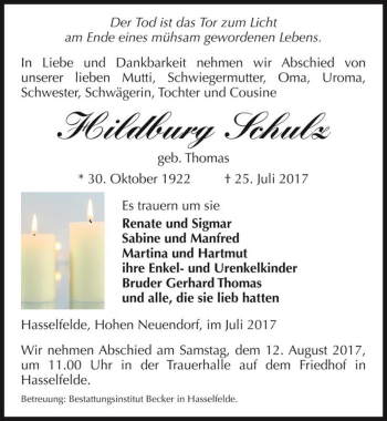 Traueranzeige von Hildburg Schulz (geb. Thomas)  von Magdeburger Volksstimme