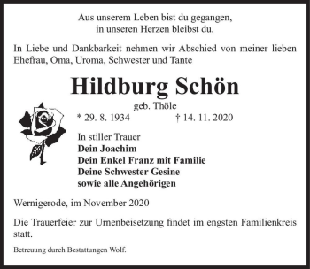 Traueranzeige von Hildburg Schön (geb. Thöle)  von Magdeburger Volksstimme