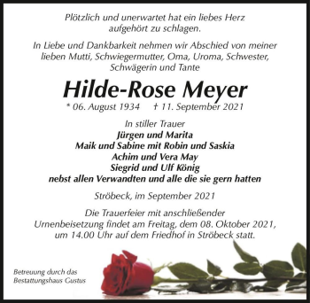 Traueranzeige von Hilde-Rose Meyer  von Magdeburger Volksstimme