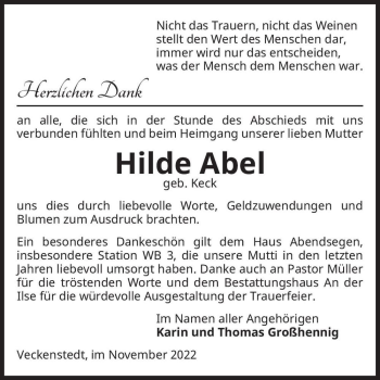 Traueranzeige von Hilde Abel (geb. Keck)  von Magdeburger Volksstimme