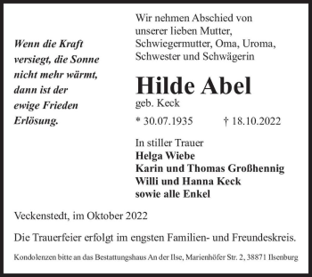 Traueranzeige von Hilde Abel (geb. Keck)  von Magdeburger Volksstimme