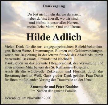 Traueranzeige von Hilde Adlich  von Magdeburger Volksstimme