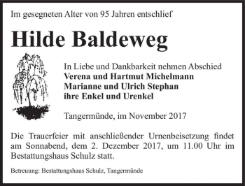 Traueranzeige von Hilde Baldeweg  von Magdeburger Volksstimme