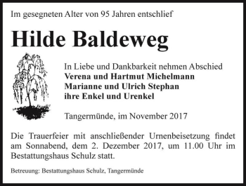 Traueranzeige von Hilde Baldeweg  von Magdeburger Volksstimme