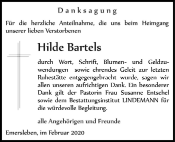 Traueranzeige von Hilde Bartels  von Magdeburger Volksstimme