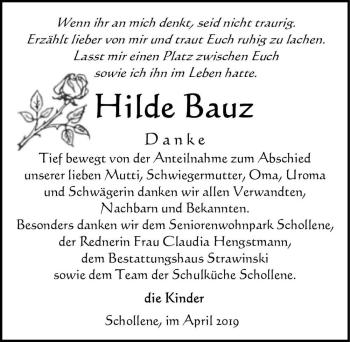 Traueranzeige von Hilde Bauz  von Magdeburger Volksstimme