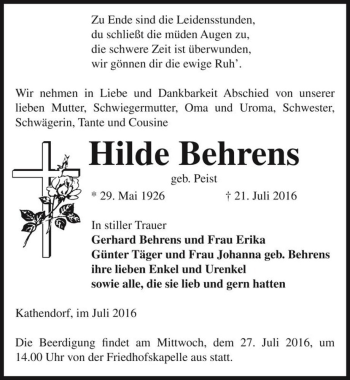 Traueranzeige von Hilde Behrens (geb. Peist)  von Magdeburger Volksstimme