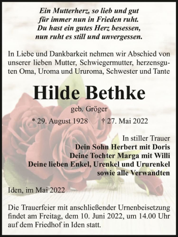 Traueranzeige von Hilde Bethke (geb. Gröger)  von Magdeburger Volksstimme