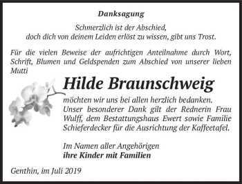 Traueranzeige von Hilde Braunschweig  von Magdeburger Volksstimme