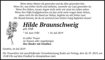 Traueranzeige von Hilde Braunschweig (geb. Gläß)  von Magdeburger Volksstimme