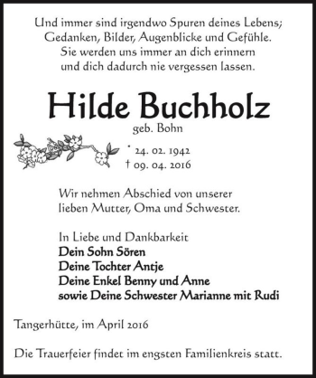 Traueranzeige von Hilde Buchholz (geb. Bohn)  von Magdeburger Volksstimme
