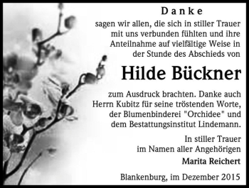 Traueranzeige von Hilde Bückner  von Magdeburger Volksstimme