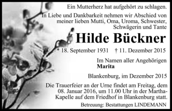 Traueranzeige von Hilde Bückner  von Magdeburger Volksstimme