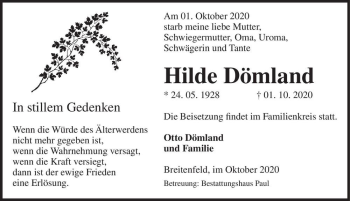 Traueranzeige von Hilde Dömland  von Magdeburger Volksstimme