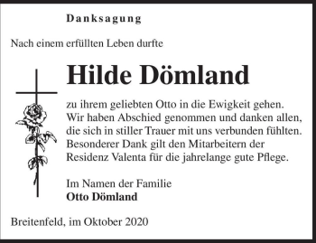 Traueranzeige von Hilde Dömland  von Magdeburger Volksstimme