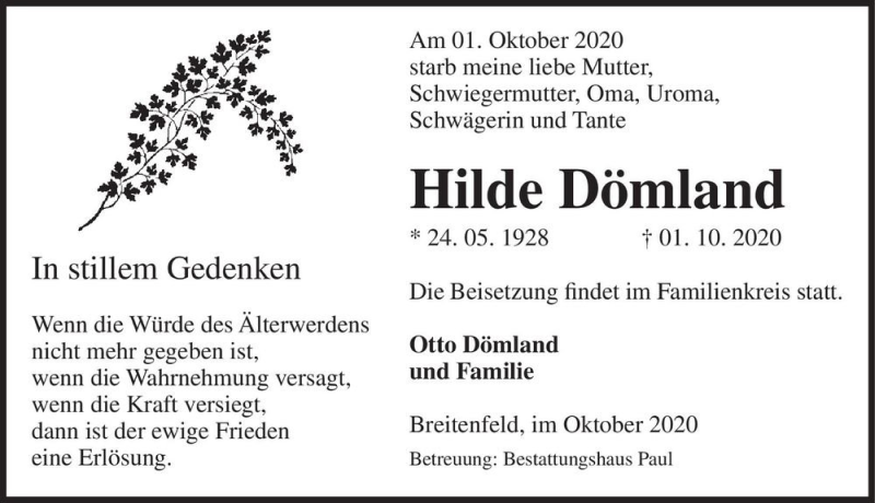  Traueranzeige für Hilde Dömland  vom 06.10.2020 aus Magdeburger Volksstimme