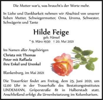 Traueranzeige von Hilde Feige (geb. Hänsel)  von Magdeburger Volksstimme