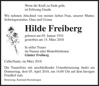 Traueranzeige von Hilde Freiberg  von Magdeburger Volksstimme