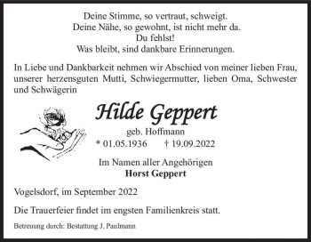 Traueranzeige von Hilde Geppert (geb. Hoffmann)  von Magdeburger Volksstimme