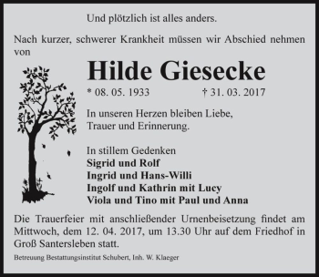 Traueranzeige von Hilde Giesecke  von Magdeburger Volksstimme