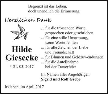 Traueranzeige von Hilde Giesecke  von Magdeburger Volksstimme