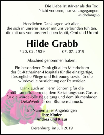 Traueranzeige von Hilde Grabb  von Magdeburger Volksstimme