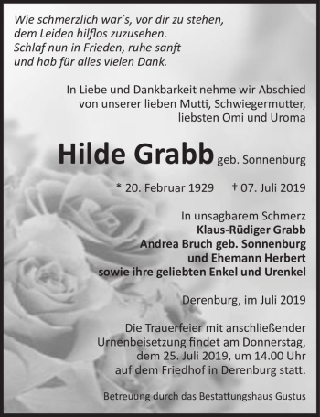 Traueranzeige von Hilde Grabb (geb. Sonnenburg)  von Magdeburger Volksstimme