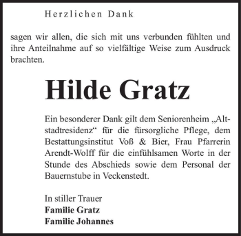Traueranzeige von Hilde Gratz  von Magdeburger Volksstimme