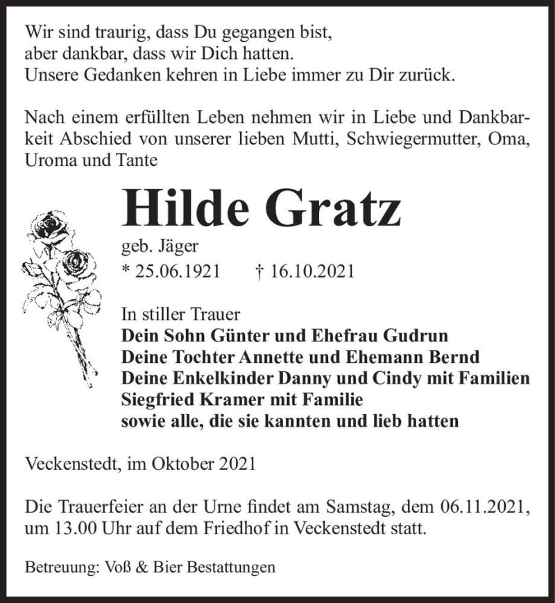  Traueranzeige für Hilde Gratz (geb. Jäger)  vom 30.10.2021 aus Magdeburger Volksstimme
