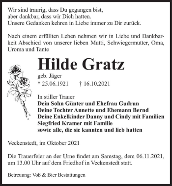 Traueranzeige von Hilde Gratz (geb. Jäger)  von Magdeburger Volksstimme