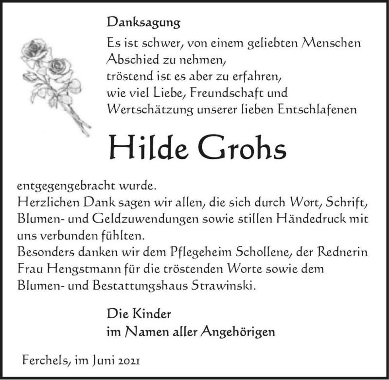  Traueranzeige für Hilde Grohs  vom 22.06.2021 aus Magdeburger Volksstimme