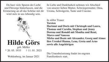 Traueranzeige von Hilde Görs (geb. Müller)  von Magdeburger Volksstimme