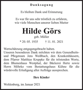 Traueranzeige von Hilde Görs (geb. Müller)  von Magdeburger Volksstimme