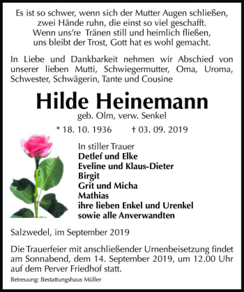 Traueranzeige von Hilde Heinemann (geb. Olm, verw. Senkel)  von Magdeburger Volksstimme