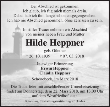 Traueranzeige von Hilde Heppner (geb. Günther)  von Magdeburger Volksstimme
