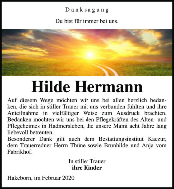 Traueranzeige von Hilde Hermann  von Magdeburger Volksstimme