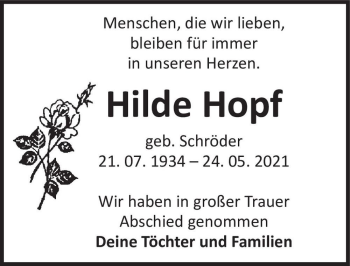 Traueranzeige von Hilde Hopf (geb. Schröder)  von Magdeburger Volksstimme