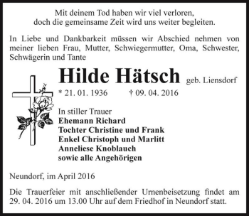 Traueranzeige von Hilde Hätsch (geb. Liensdorf)  von Magdeburger Volksstimme
