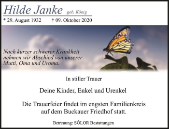 Traueranzeige von Hilde Janke (geb. König)  von Magdeburger Volksstimme