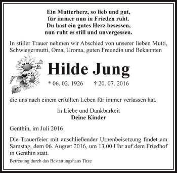 Traueranzeige von Hilde Jung  von Magdeburger Volksstimme