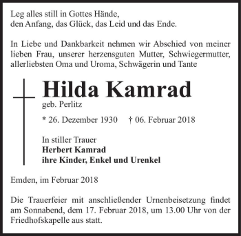Traueranzeige von Hilde Kamrad (geb. Perlitz)  von Magdeburger Volksstimme