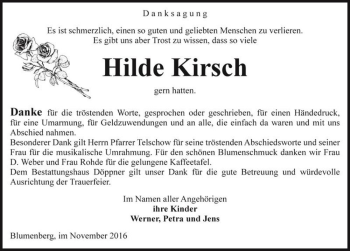 Traueranzeige von Hilde Kirsch  von Magdeburger Volksstimme